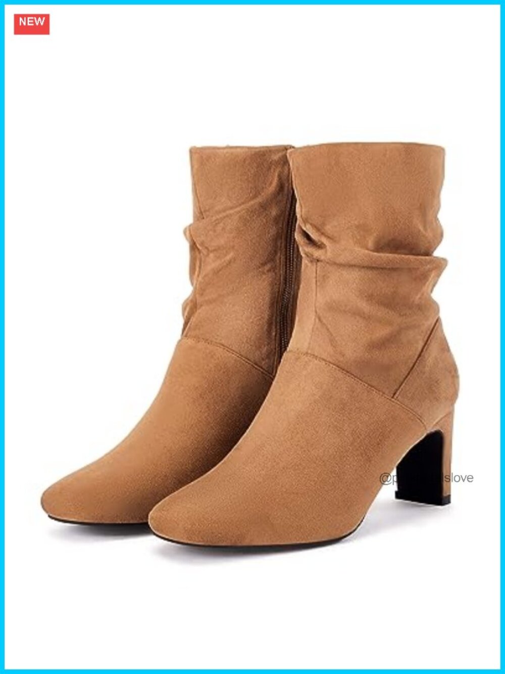 Slouch Mid Calf Boots Chunky Heel Square Toe Zip Up Faux Suede
